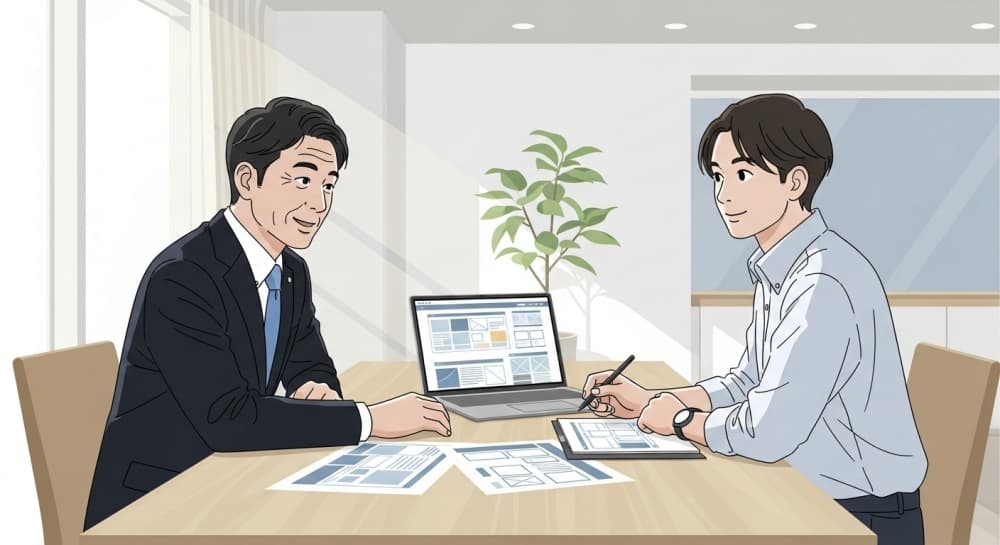 代表挨拶のデザインを打ち合わせるするシーン