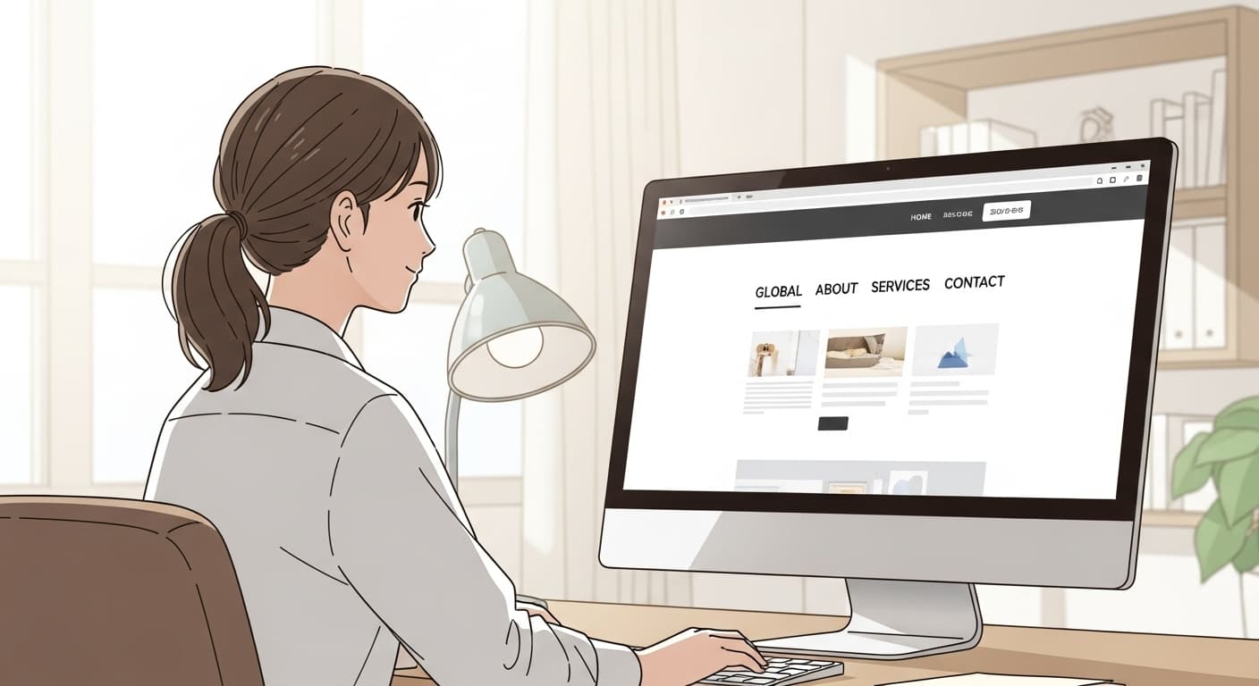 ホームページをグローバルナビを見つめる女性